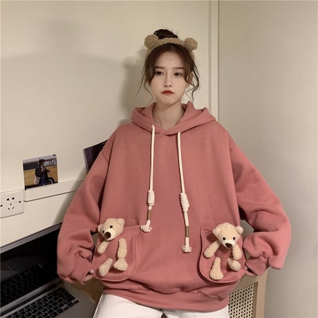 パーカー 裏起毛 クマのぬいぐるみ ベアー プルオーバー 長袖 ルーズ 韓国ファッション レディース スウェット ゆったり 大きめ カジュアル ストリート系 DTC-629418331286