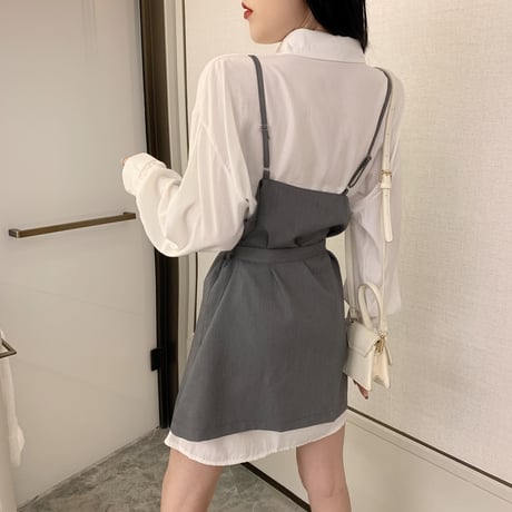 セットアップ ロングシャツ ＋ サスペンダースカート 韓国ファッション レディース 不規則デザイン ワンピース シャツ ハイウエスト 大人可愛い ガーリー (DTC-610138365332)