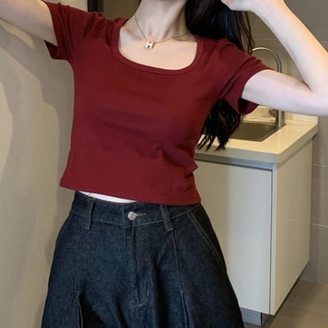 【5カラー】 Tシャツ スクエアネック ショート丈 トップス 無地 半袖 レトロ 韓国ファッション レディース 大人可愛い ガーリー DTC-711502261861
