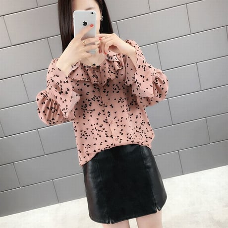 レディース ハート柄ブラウス ハート柄シャツ トップス フリル 薄手 長袖 シフォン フレア袖 ガーリー フェミニン 韓国ファッション (DCT-591142140695)