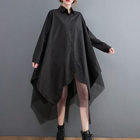 ロングシャツ シャツワンピース チュール シャツ ワンピース アシンメトリー ルーズ 長袖 レトロ 韓国ファッション レディース 大人可愛い ガーリー DTC-653970172988