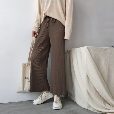 レディース シフォン ドローストリングプリーツワイドパンツ ガウチョパンツ プリーツ 韓国ファッション オルチャン (DCT-565943259164)