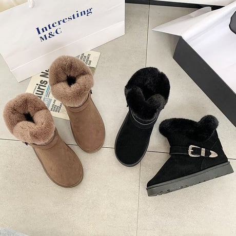 ムートンブーツ ベルト バックル 23.0～25.0cm 韓国ファッション レディース ファーブーツ 防寒 もこもこ 631123140141
