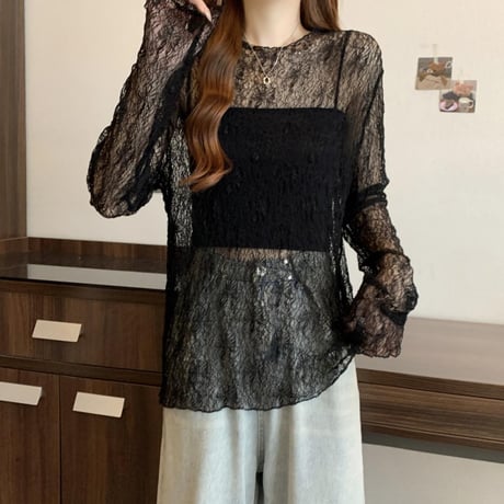 シアートップス レース tシャツ トップス クルーネック UVカット シアーtシャツ ゆったり ルーズ 長袖 レトロ 大人可愛い ガーリー トレンド DTCA-907055529072