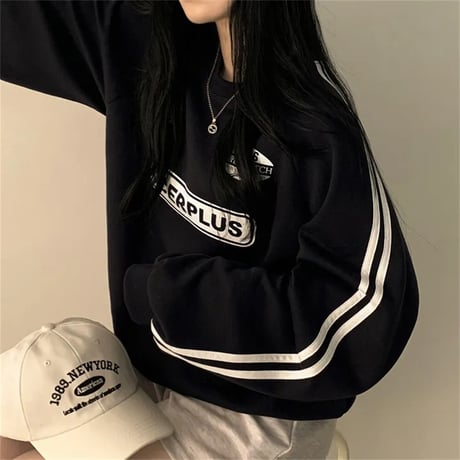 トレーナー スウェット サイドライン ロゴ トップス クルーネック ルーズ ゆったり 長袖 レトロ 大人可愛い ガーリー カジュアル DTCA-843593634855
