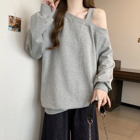 ワンショルダー スウェット 薄手 トップス オーバーサイズ トレーナー ショルダーストラップ プルオーバー 長袖 レトロ 大人可愛い ガーリー カジュアル DTCA-846860057766