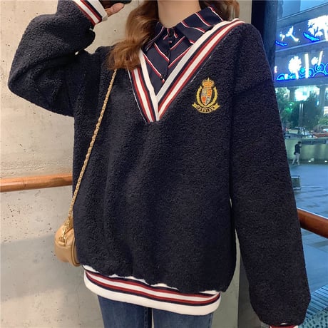 【2カラー】 レイヤード風 シャツ付 ニット セーター 韓国ファッション レディース 刺繍 ステッチ Vネック 長袖 DTC-606238213626