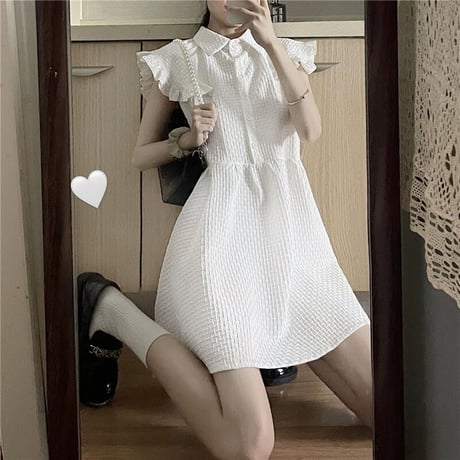 襟付きワンピース ノースリーブ フリル フロントボタン ハイウエスト 韓国ファッション レディース ワンピース シングルブレスト 薄手 大人可愛い ガーリー DTC-646759868070)