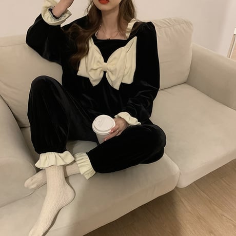 ルームウェア パジャマ セットアップ リボン ベルベット トップス + パンツ 長袖 上下セット 韓国ファッション レディース ガーリー 636735198622