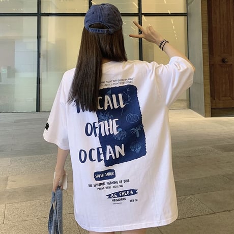 ユニセックス Tシャツ 袖ロゴ バックプリント 半袖 韓国ファッション メンズ レディース 大きめ ルーズ カジュアル ストリート系 DTC-638394646416
