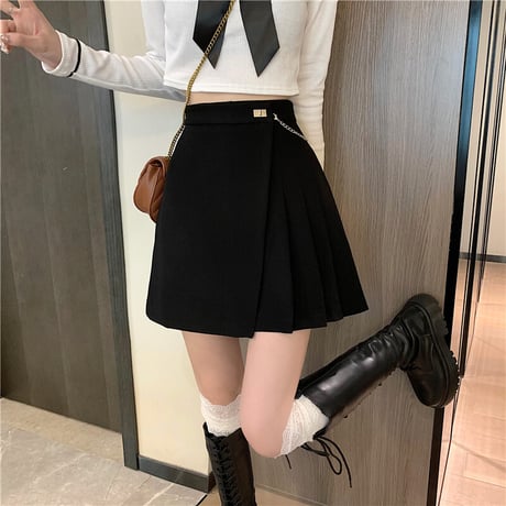 ミニスカート ハーフプリーツ 不規則デザイン チェーン Aラインスカート ハイウエスト スカート レトロ 韓国ファッション レディース 大人可愛い ガーリー DTC-653151389346