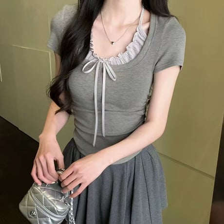 フェイクレイヤード Tシャツ ホルターネック プリーツフリル リボン ドッキングトップス スリムフィット ショート丈 半袖 レトロ 大人可愛い ガーリー DTCA-789934600228