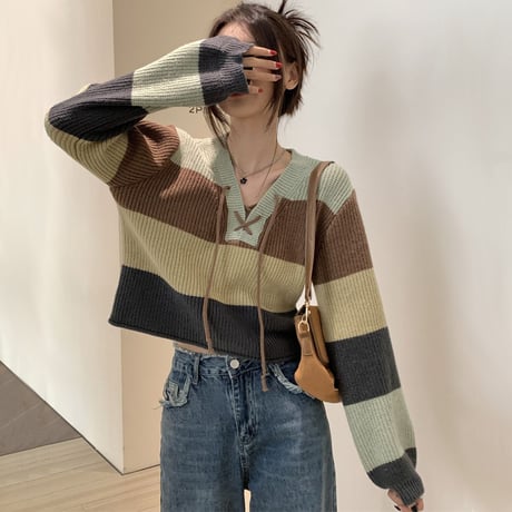 ボーダー柄 ニット 編み上げ 配色 ボーダーニット トップス ショート丈  ルーズ 長袖 レトロ 韓国ファッション レディース 大人可愛い ガーリー カジュアル DTC-687000524232