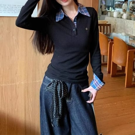 フェイクレイヤード ニット チェック柄 プルオーバー スリムフィット セーター トップス フェイクツーピース 長袖 レトロ 大人可愛い ガーリー カジュアル DTCA-851154012473