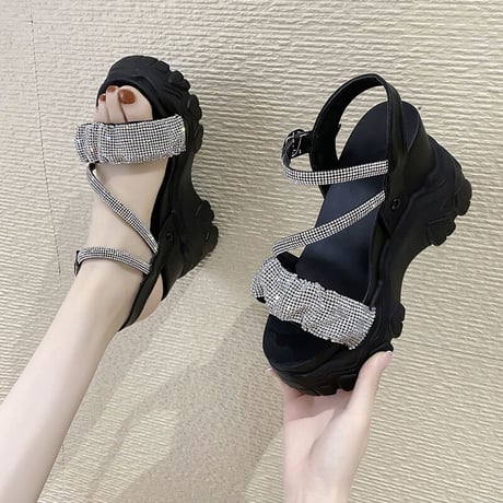 厚底 サンダル 22.0～24.5cm ビジュー ラインストーン バックル プラットフォーム 厚底サンダル オープントゥ 韓国ファッション レディース DTC-527407401064