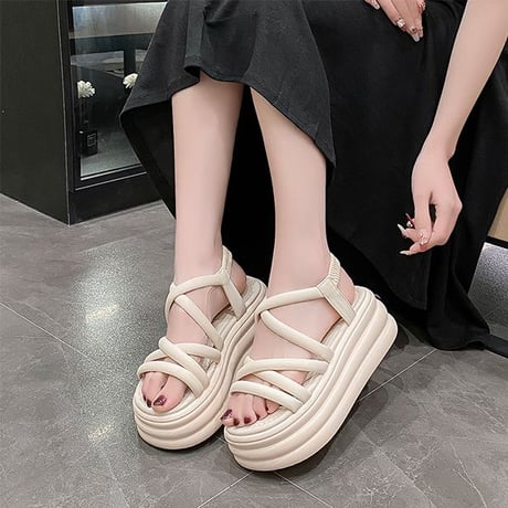 厚底サンダル クロスストラップ 22.0～24.5cm アンクルストラップ サンダル オープントゥ プラットフォーム 厚底 美脚効果 韓国ファッション レディース DTCA-771656476930
