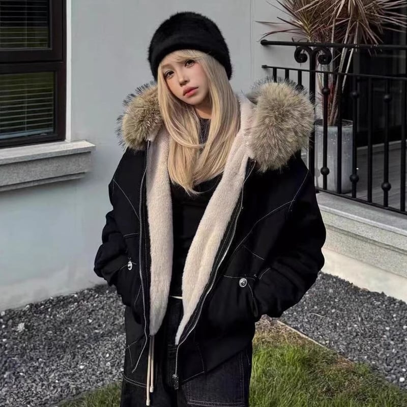 フード付き ブルゾン フェイクファー ジップアップ ボアジャケット 裏