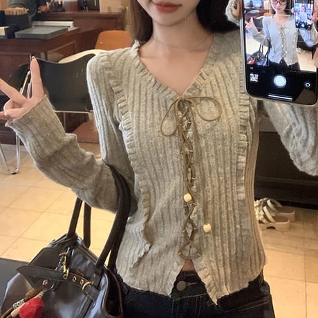 ニット トップス レースアップ Vネック スリムフィット 長袖 レトロ 韓国ファッション レディース 大人可愛い ガーリー DTCA-849831573602
