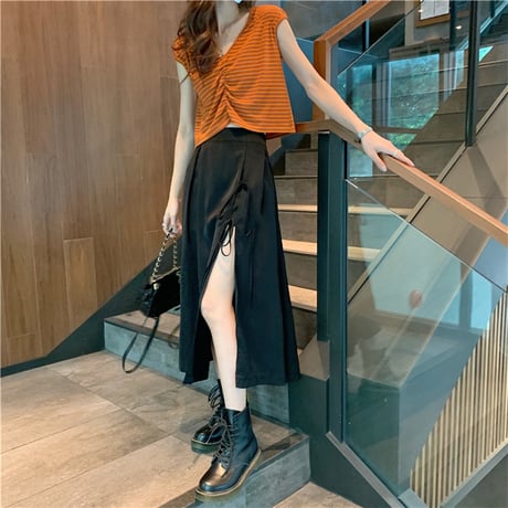 スカート ロング丈 深スリット Aライン 韓国ファッション レディース スリットスカート ロングスカート ハイウエスト シンプル ガーリー DTC-619028196950_sk