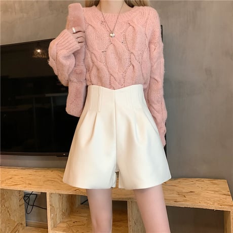 ショートパンツ ウール調 ハイウエスト ワイドパンツ ワイドレッグパンツ レトロ 韓国ファッション レディース 大人可愛い ガーリー カジュアル DTC-659111554810
