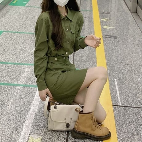 ミリタリー風 シャツワンピース ハイウエスト ポケット 長袖 ワンピース レトロ 韓国ファッション レディース 大人可愛い ガーリー カジュアル DTC-680373706455