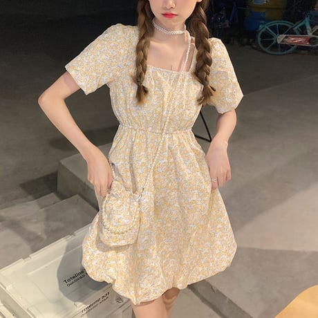 花柄 ワンピース スクエアネック ハイウエスト パフ袖 薄手 半袖 大人可愛い ガーリー フェミニン DTC-642548167490