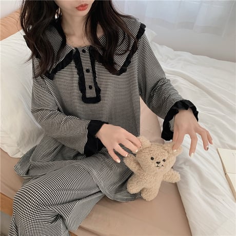 ルームウェア セットアップ パジャマ チェック柄 フリル トップス パンツ 上下セット 部屋着 韓国ファッション レディース 大人可愛い ガーリー フェミニン DTC-664959658095