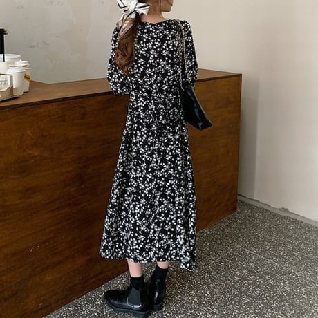 小花柄 ワンピース パフスリーブ ロング丈 ハイウエスト 長袖 クルーネック 薄手 韓国ファッション レディース 大人可愛い ガーリー フェミニン レトロDTC-655695330315