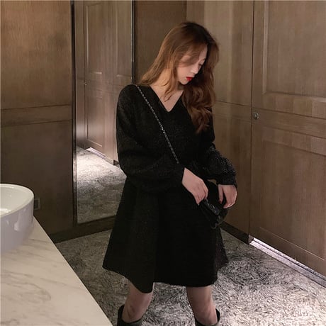 Vネック ワンピース 韓国ファッション レディース Aライン ハイウエスト ランタンスリーブ 長袖 シンプル レトロ ガーリー (DTC-608414377973)