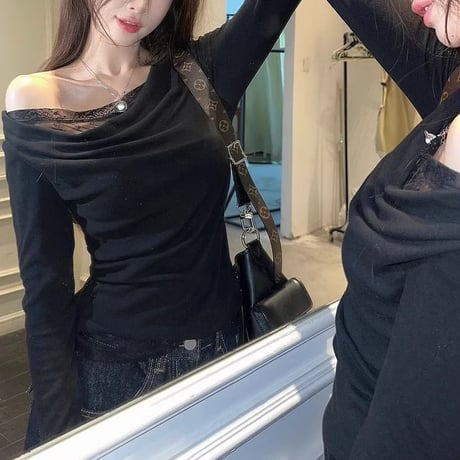 レース付き Tシャツ ワンショルダー スリムフィット ロンT トップス カットソー 長袖 レトロ 大人可愛い ガーリー DTCA-849082361382