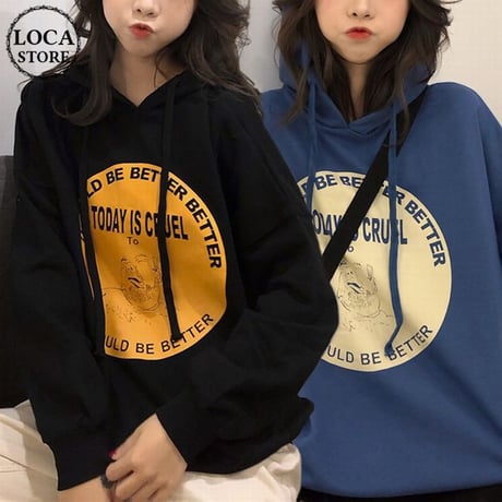 【選べる2カラー】 パーカー プルオーバー 韓国ファッション レディース ストリート系 ロゴ プリント 薄手 秋冬 秋 冬 (DTC-602174225125)