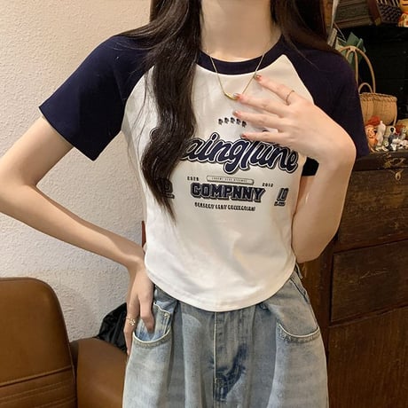 Tシャツ ラグランスリーブ ショート丈 スリムフィット 半袖 レトロ 韓国ファッション レディース カジュアル 大人可愛い ガーリー DTC-707882141171