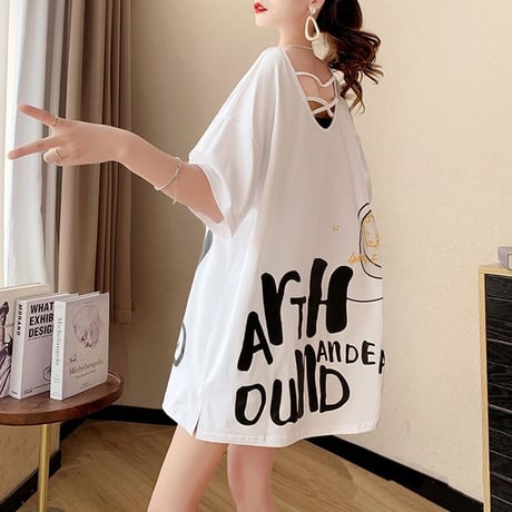 Tシャツ チュニック オープンバック Vネック オーバーサイズ ゆったり 半袖 レトロ 韓国ファッション レディース 大人可愛い ガーリー カジュアル DTC-650661295321