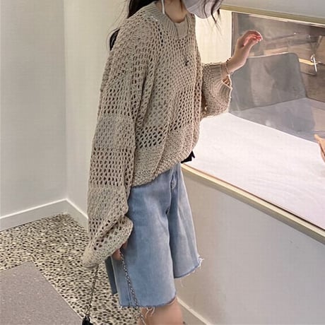 ニット トップス 透かし編み  ボーダー ルーズ 肌チラ 長袖 レトロ 韓国ファッション レディース 大人可愛い ガーリー カジュアル DTC-666324156331