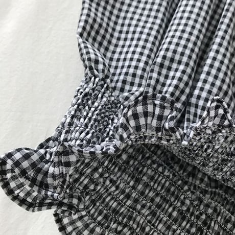 2WAY ブラウス オフショルダー ギンガムチェック クロップド丈 スクエアネック ギャザー 半袖 韓国ファッション レディース レトロ 大人可愛い ガーリー DTC-637840404577