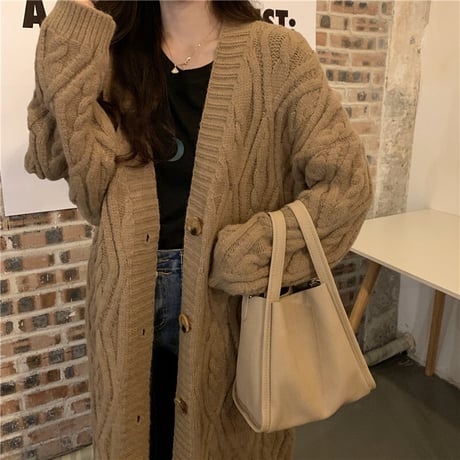 ロングカーディガン ケーブル編み ニット ツイストニット カーディガン ルーズ 長袖 大人可愛い ガーリーDTC-651811052937