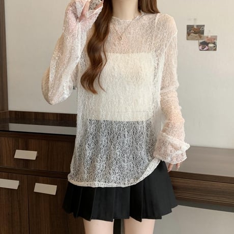 シアートップス レース tシャツ トップス クルーネック UVカット シアーtシャツ ゆったり ルーズ 長袖 レトロ 大人可愛い ガーリー トレンド DTCA-907055529072
