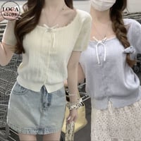 ニット tシャツ リボン レース ショート丈 薄手 スクエアネック トップス スリムフィット タイトフィット 半袖 レトロ 大人可愛い ガーリー DTCA-927556917788