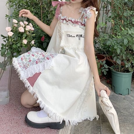デニム キャミワンピース 切り替え 花柄 チェック柄 ノースリーブ リボン ワンピース Aライン レトロ 韓国ファッション レディース 大人可愛い ガーリー DTC-677809153986