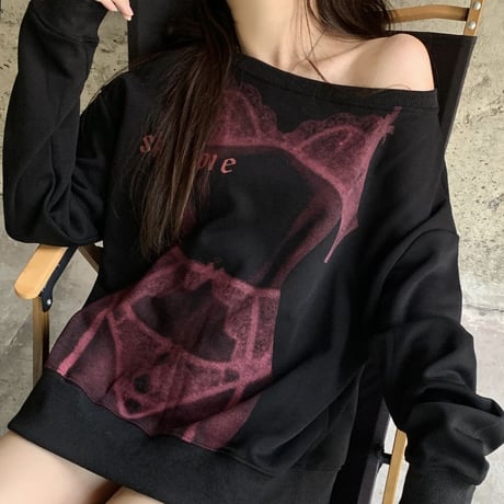 2way オフショルダー トップス セクシープリント スウェット オーバーサイズ ロンT トレーナー 長袖 韓国ファッション レディース 大人可愛い ガーリー DTCA-825951976485