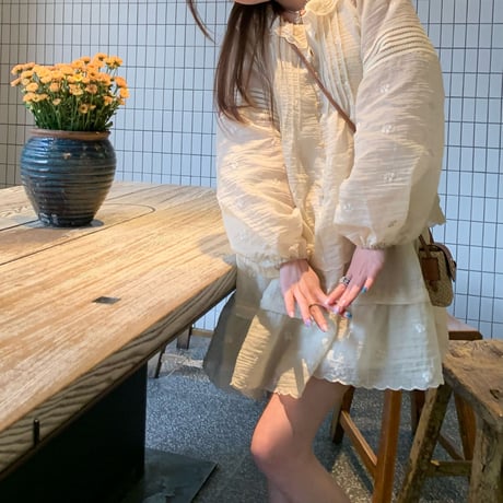 フェイクレイヤード ワンピース レース フリル ミニワンピース ゆったりウエスト Aライン 長袖 レトロ 韓国ファッション レディース 大人可愛い ガーリー DTC-769341141605