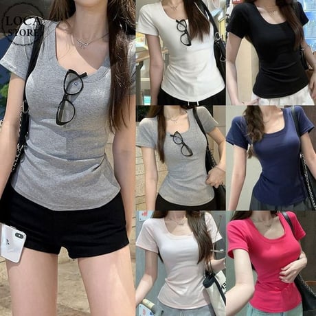 6COLOR Tシャツ 半袖 Uネック スリムフィット ショート丈 トップス レトロ 韓国ファッション レディース 大人可愛い ガーリー DTC-792036557105