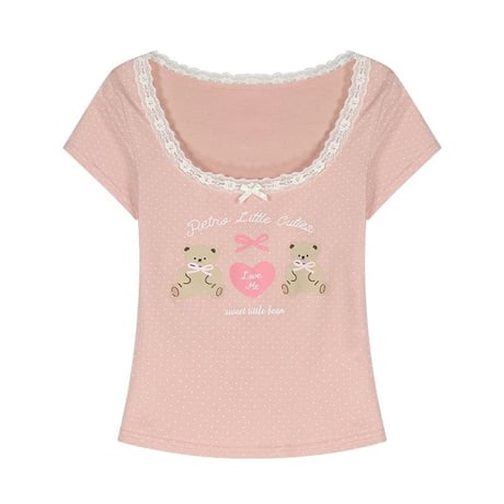 tシャツ ドット柄 クマちゃん リボン レース トップス Uネック スリムフィット スリムtシャツ 半袖 レトロ 大人可愛い ガーリー カジュアル DTCA-811944873611