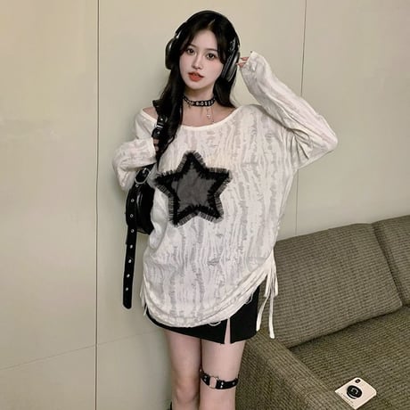 ロンT ダメージ加工 スター 星 ドローストリング ドロスト ダメージトップス プルオーバー tシャツ オーバーサイズ ルーズ 長袖 レトロ 大人可愛い ガーリー DTCA-837831882209