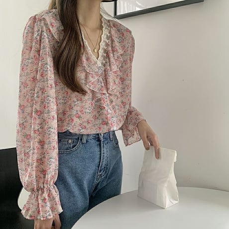 花柄 ブラウス レース フリル Vネック シフォン シャツ トップス ゆったり ルーズ 長袖 レトロ 大人可愛い ガーリー フェミニン DTCA-945596197065
