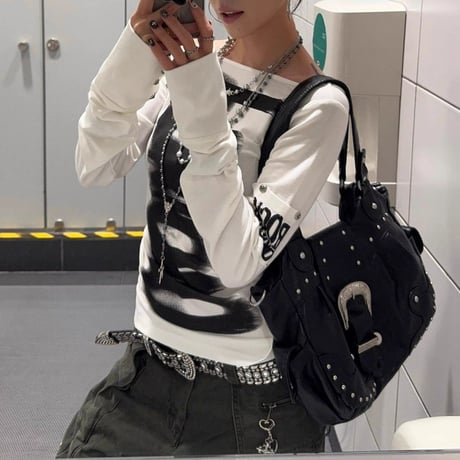 前後2way ロンT ブラッシュプリント オフショルダー カットソー tシャツ トップス スリムフィット タイトフィット レトロ 大人可愛い ガーリー カジュアル DTCA-981680300134