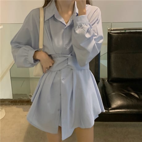 2点セット シャツワンピース ショートパンツ ブラウスワンピース ウエストマーク チュニック ハイウエスト 韓国ファッション レディース 大人可愛い ガーリー DTC-652671430064