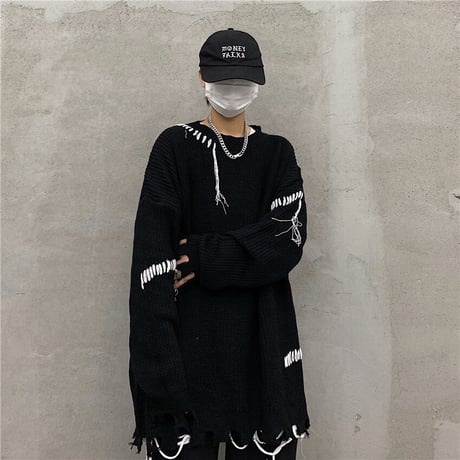 ユニセックス ダメージ加工 ニット ドロップショルダー セーター オーバーサイズ 韓国ファッション メンズ レディース ビター系 ストリート系ファッション DTC-630242686847