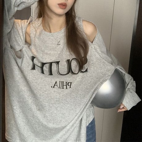 【2カラー】 Tシャツ オープンショルダー 肩開き 長袖 カットソー ショルダーカット レトロ 韓国ファッション レディース 大人可愛い ガーリー カジュアル DTC-674364573182