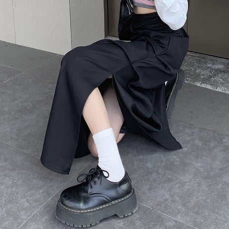 ロングスカート スリット ギャザー ハイウエスト スリム Aライン スカート レトロ 韓国ファッション レディース 大人可愛い ガーリー DTC-704946881913
